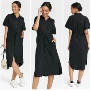 Black Linen Button-Down Dress